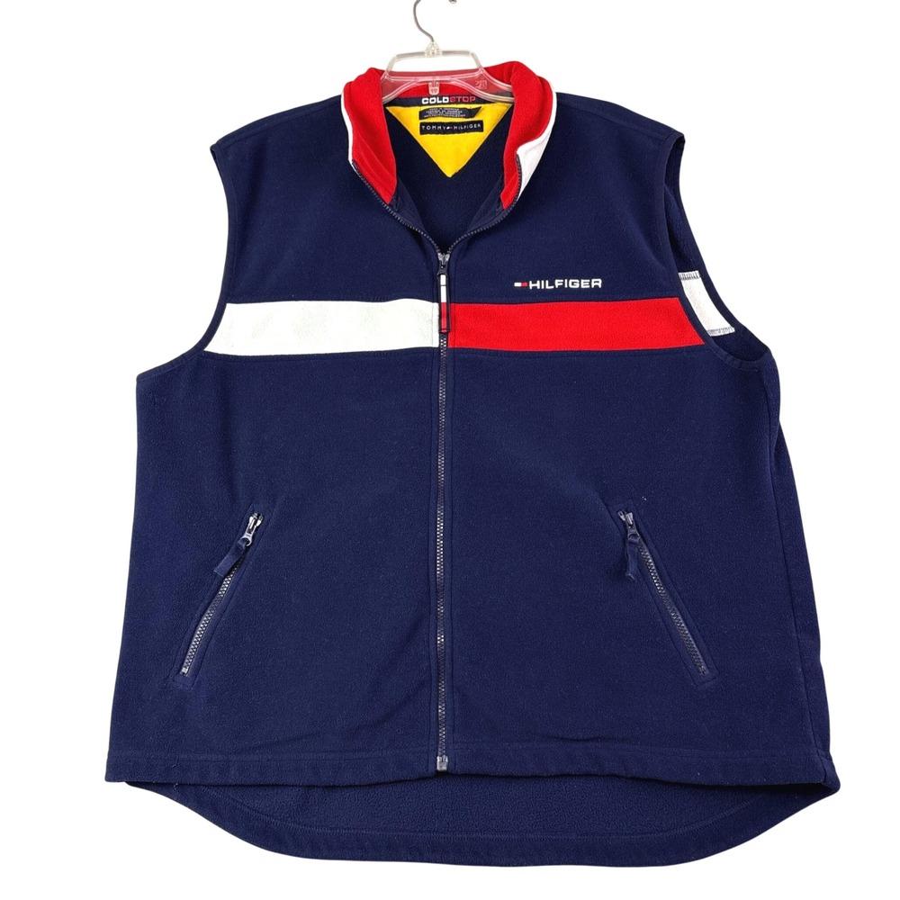 Vintage Tommy Hilfiger XL Blue Fleece Vest Cold Stop Colorblock Full Zip Preppy